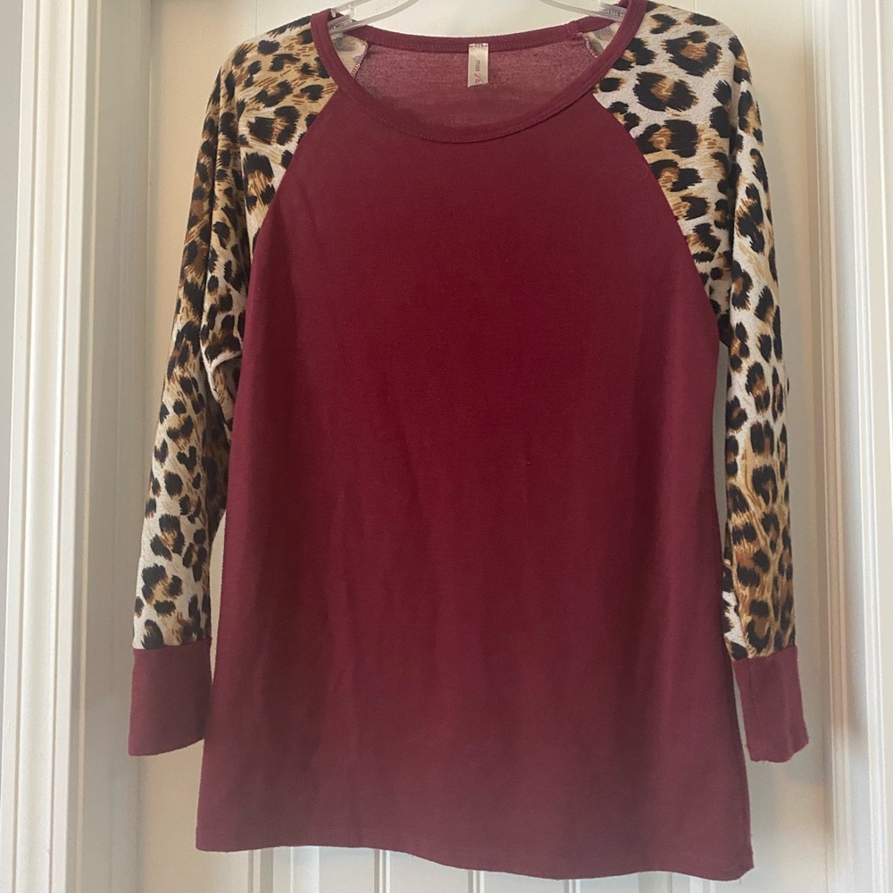 Burgundy Red Leopard Sleeve Top
